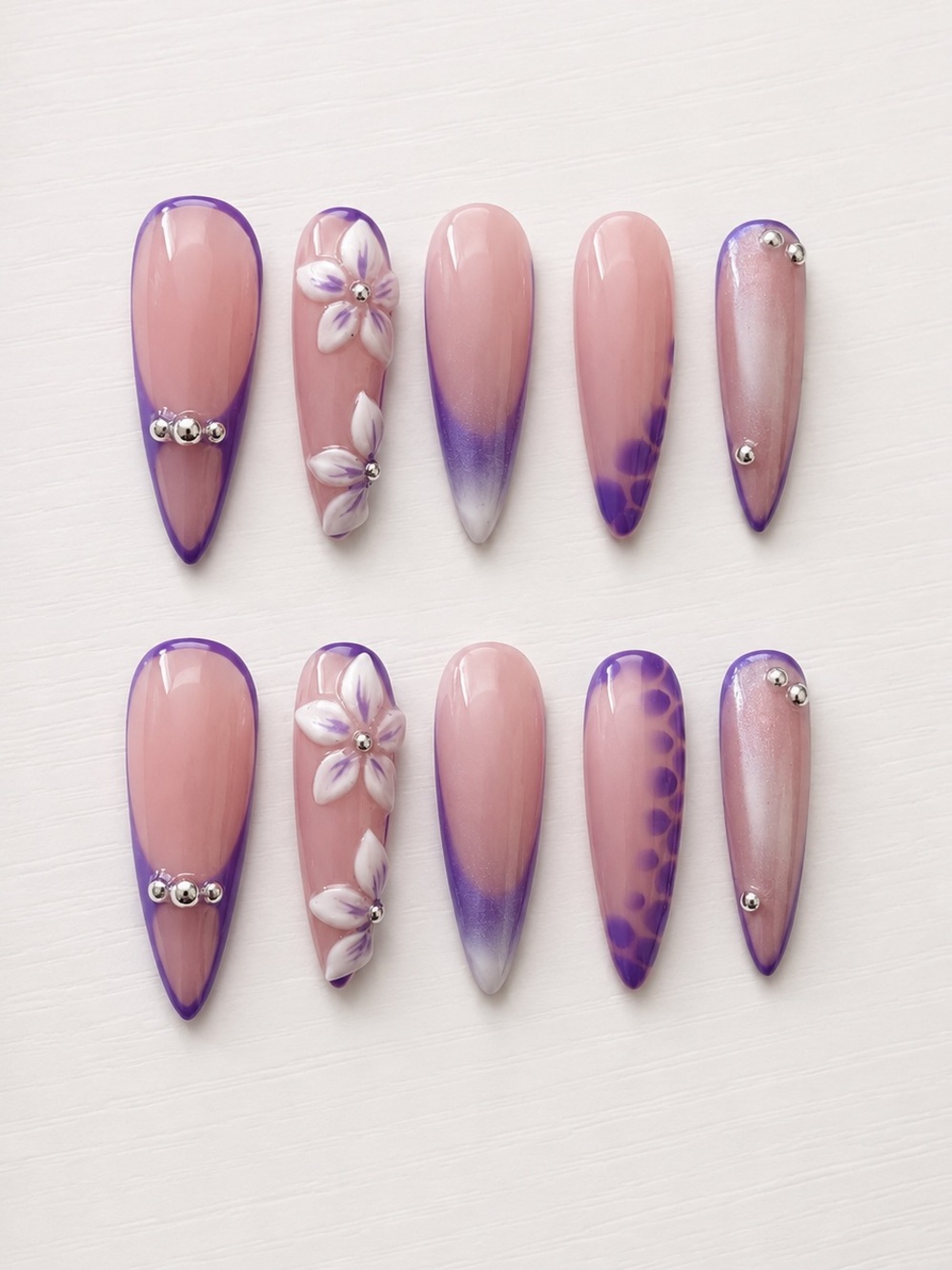 Press-On Nails Set — Pink and Purple Floral Stiletto Tips